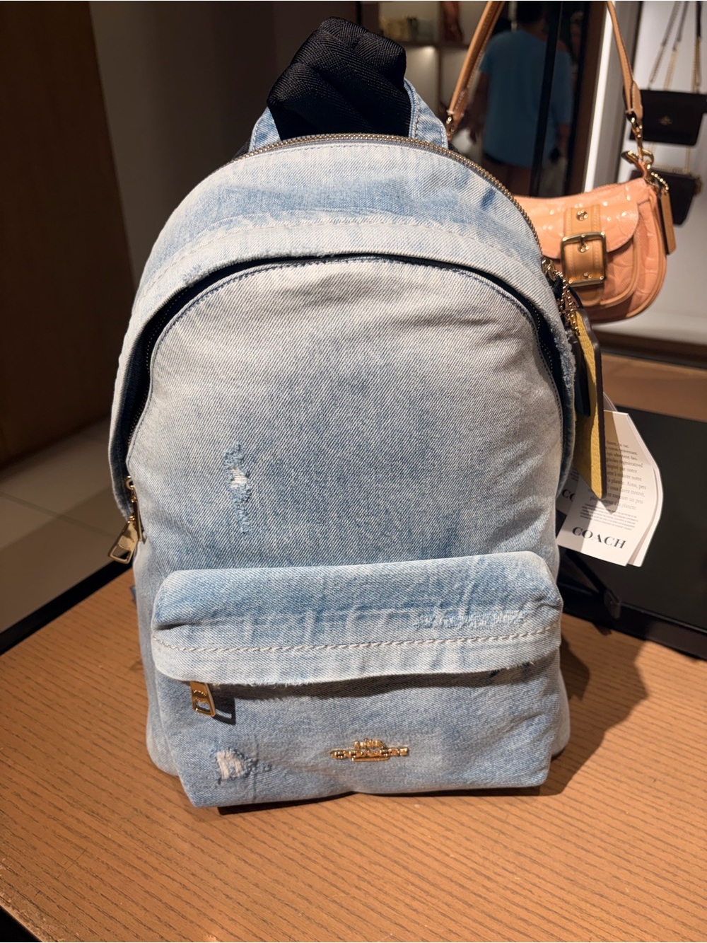 Coach Light Blue Denim Medium Backpack with Gold Hardware new